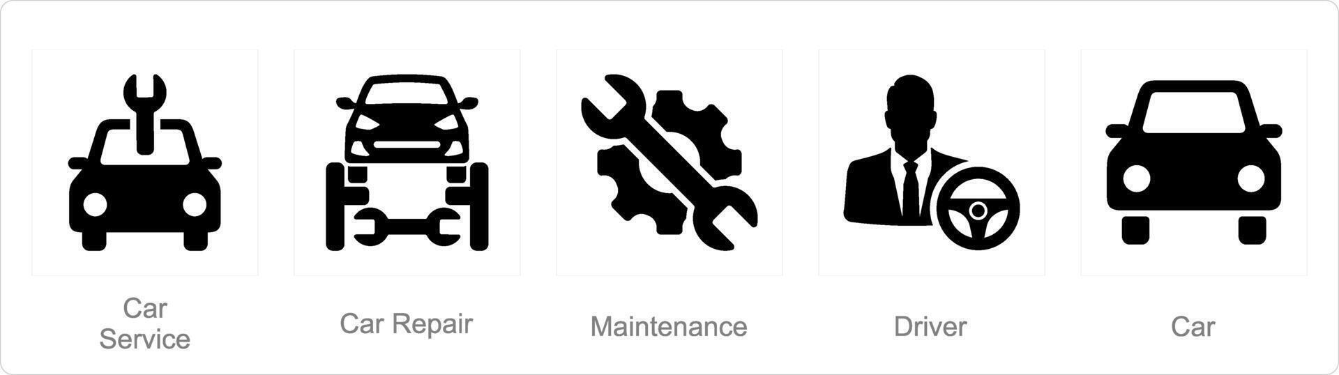 A set of 5 Car icons as car service, car repair, maintenance vector