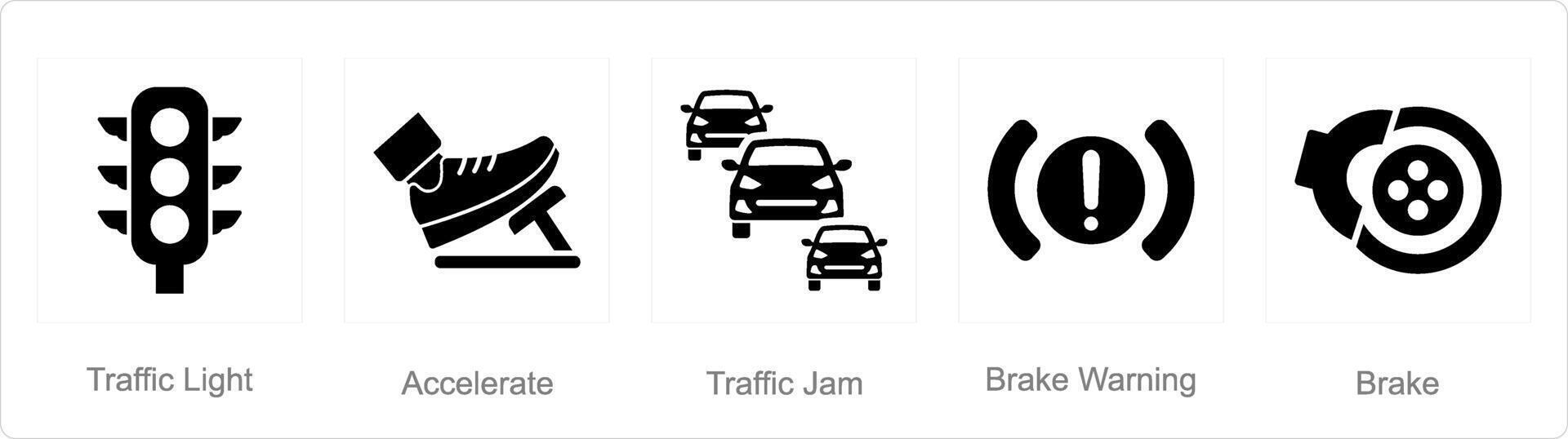 A set of 5 Car icons as traffic light, accelerate, traffic jam vector