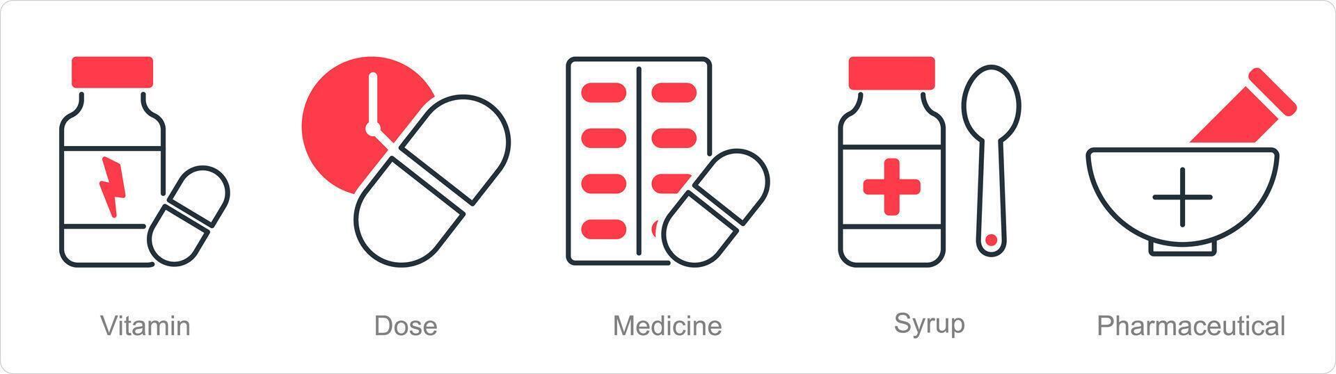 A set of 5 Pharmacy icons as vitamin, dose, medicine vector