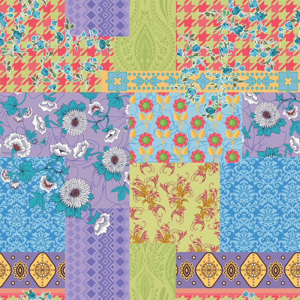 Colorful floral patchwork in retro style seamless pattern vector