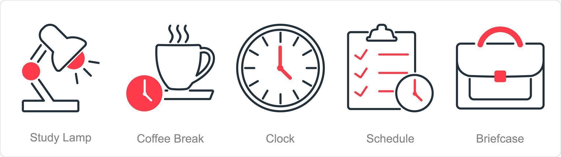 A set of 5 Office icons as study lamp, coffee break, clock vector