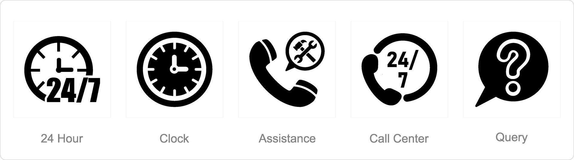 A set of 5 Contact icons as 24 hour, clock, assistance vector