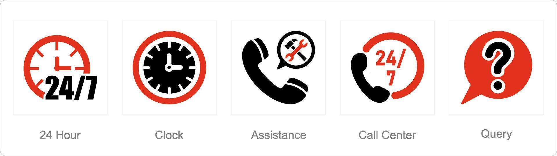 A set of 5 Contact icons as 24 hour, clock, assistance vector