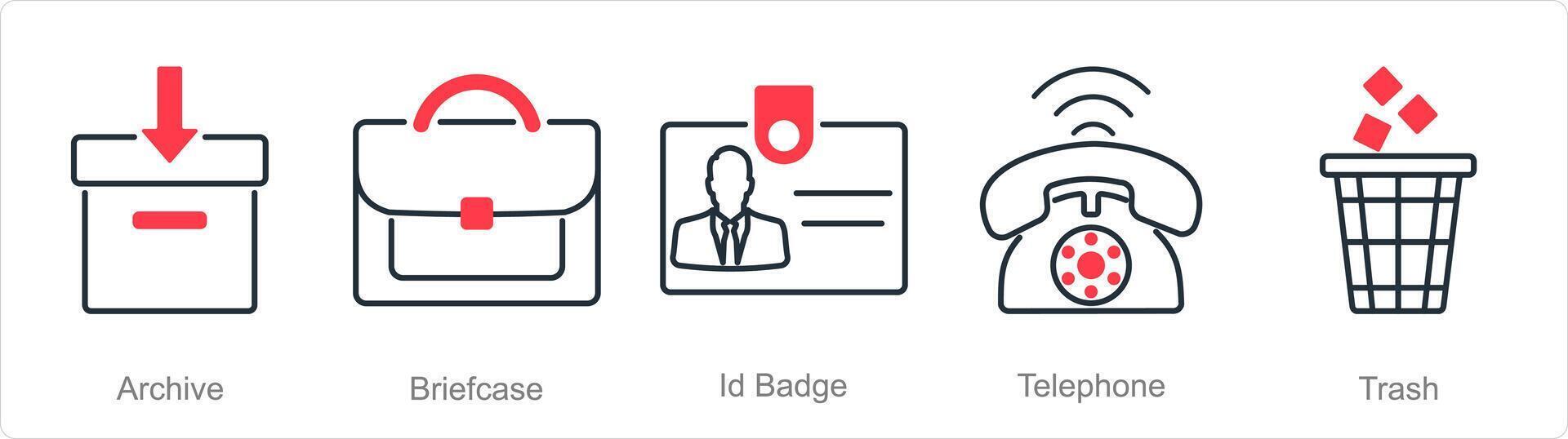 A set of 5 Office icons as archive, briefcase, id badge vector