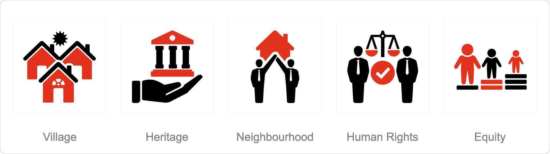 A set of 5 Community icons as village, heritage, neighbourhood vector