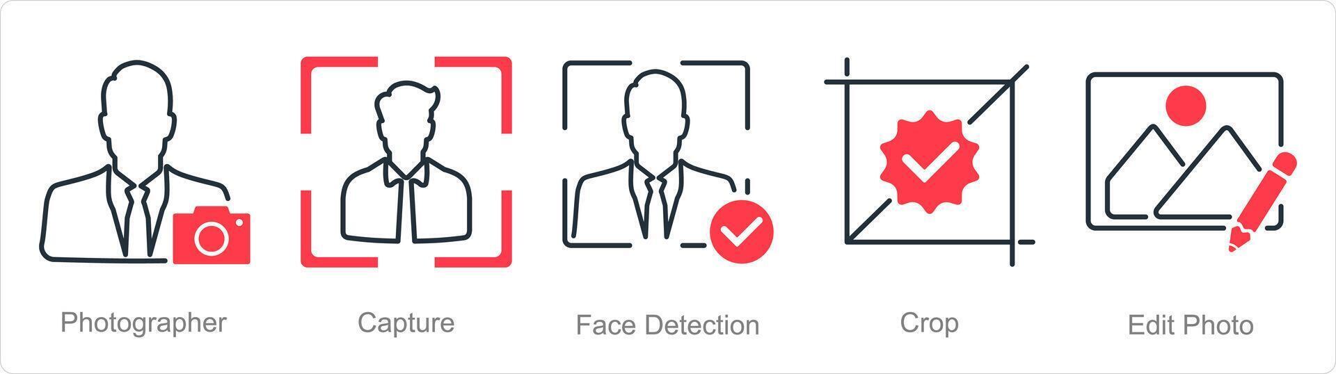 A set of 5 Photography icons as photographer, capture, face detection vector