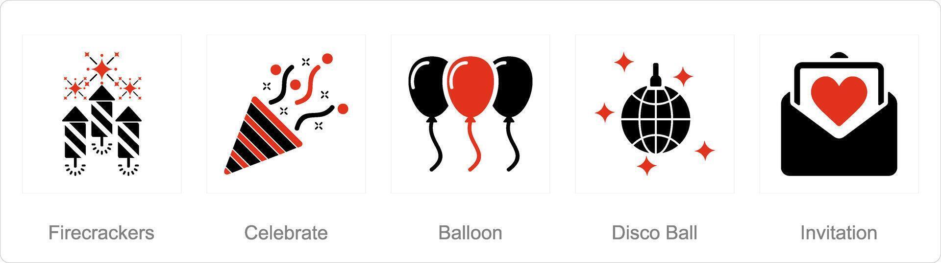 A set of 5 Celebrate icons as firecrackers, celebrate, balloons vector