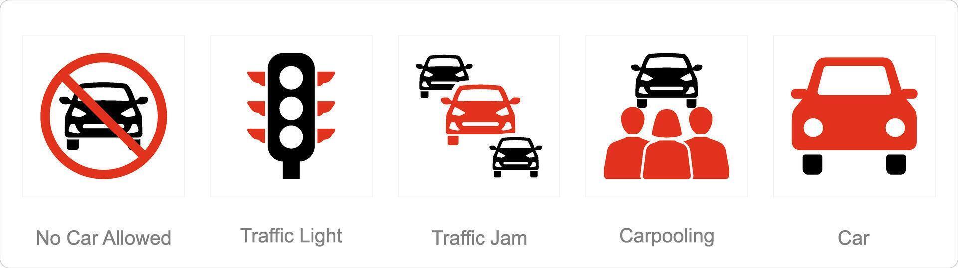 A set of 5 Car icons as no car allowed, traffic light, traffic jam vector