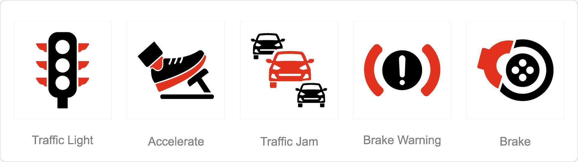 A set of 5 Car icons as traffic light, accelerate, traffic jam vector