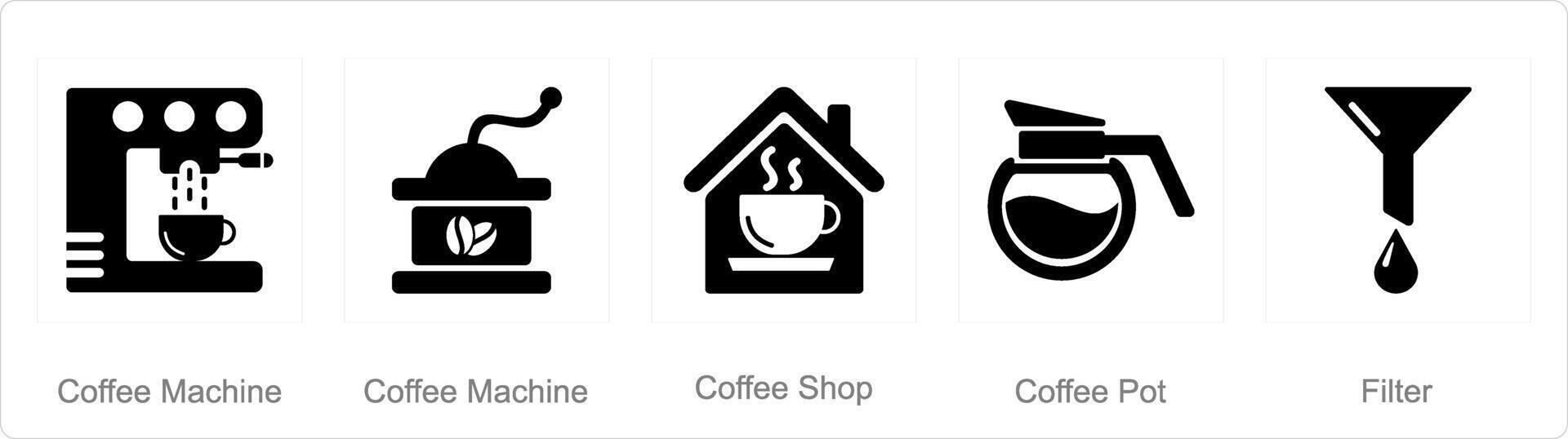 A set of 5 Coffee icons as coffee machine, coffee shop, coffee pot vector