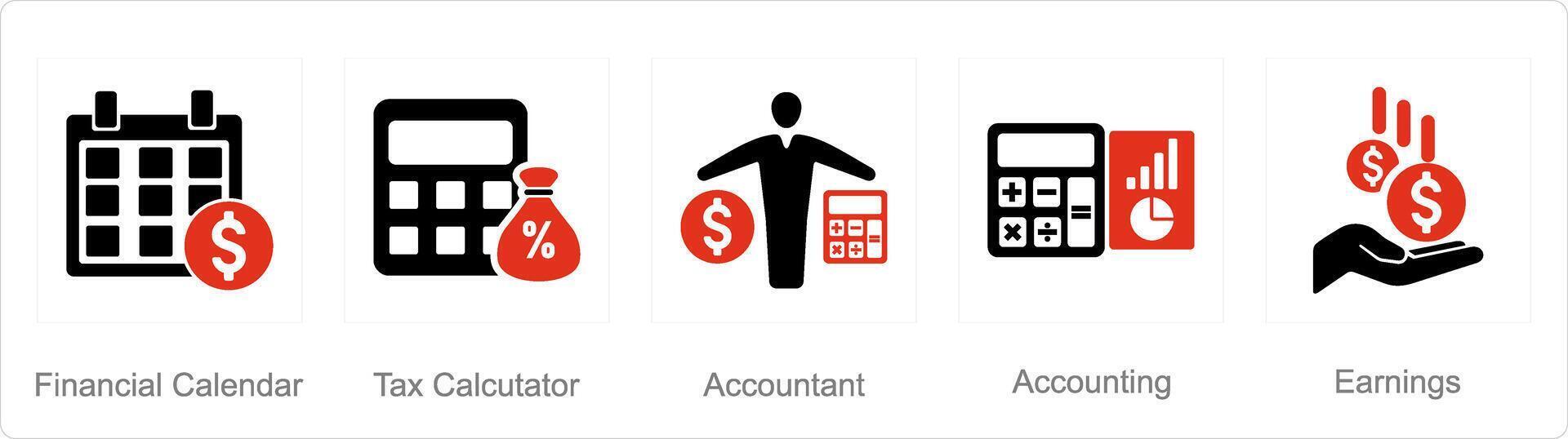 A set of 5 accounting icons as financial calendar, tax calculator, accountant vector