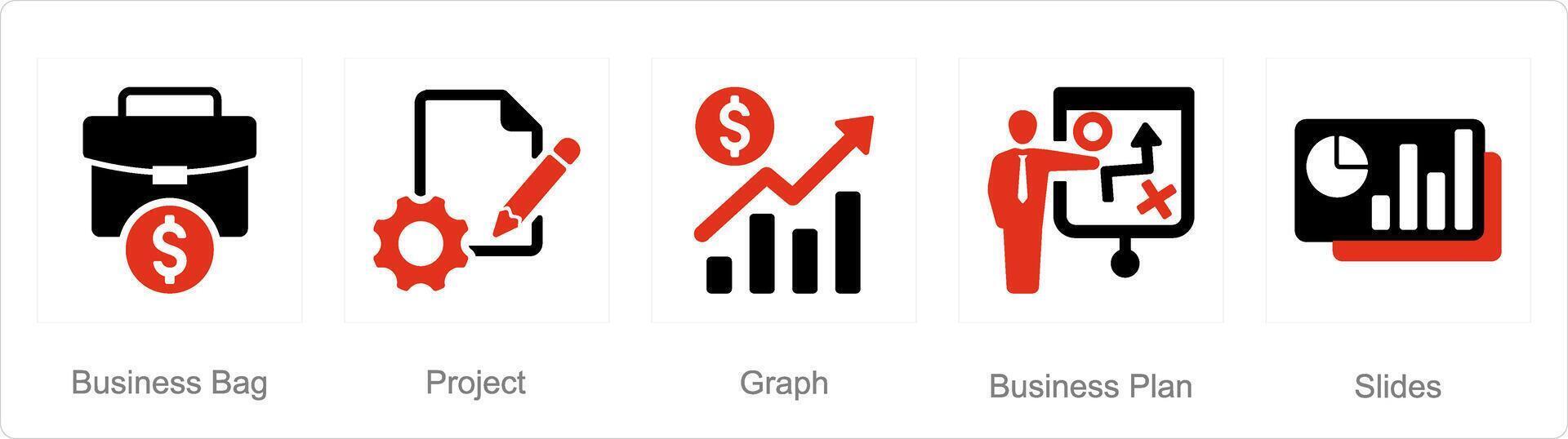 A set of 5 businesspresentation icons as business bag, project, graph vector