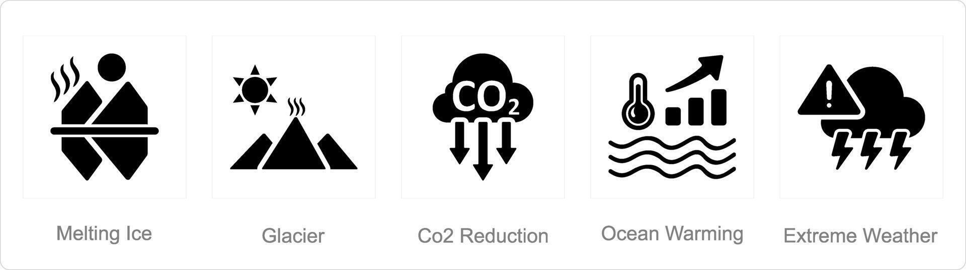 un conjunto de 5 5 clima cambio íconos como derritiendo hielo, glaciar, co2 reducción vector