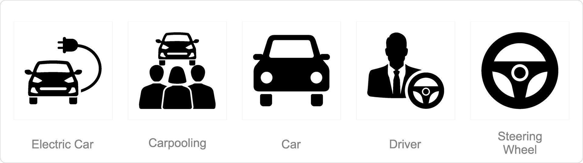 A set of 5 Car icons as electric car, carpooling, car vector