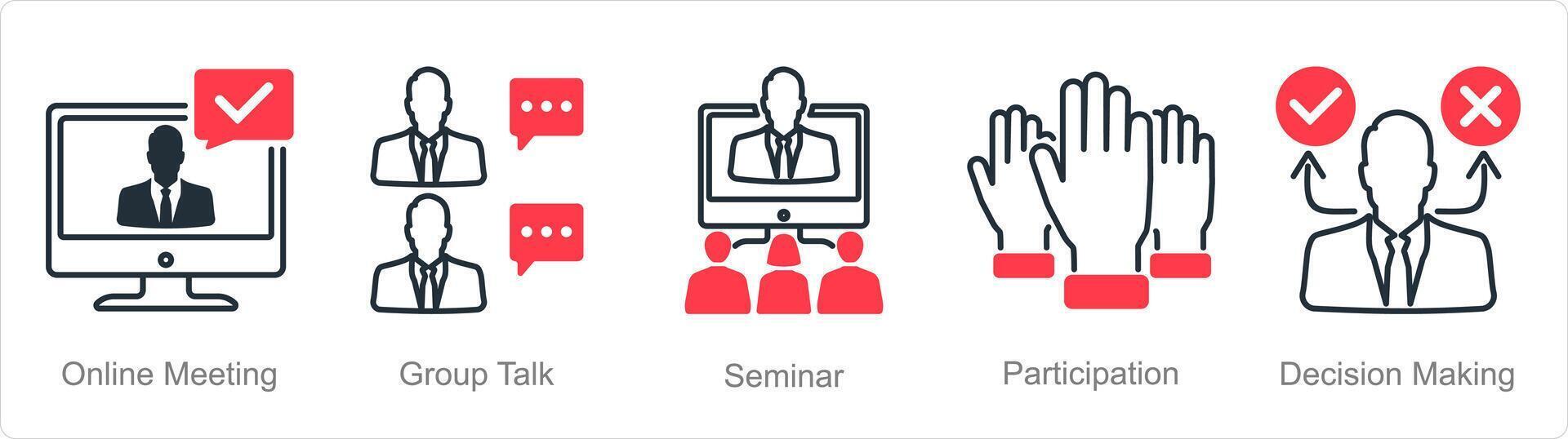 A set of 5 Meeting icons as online meeting, group talk, seminar vector