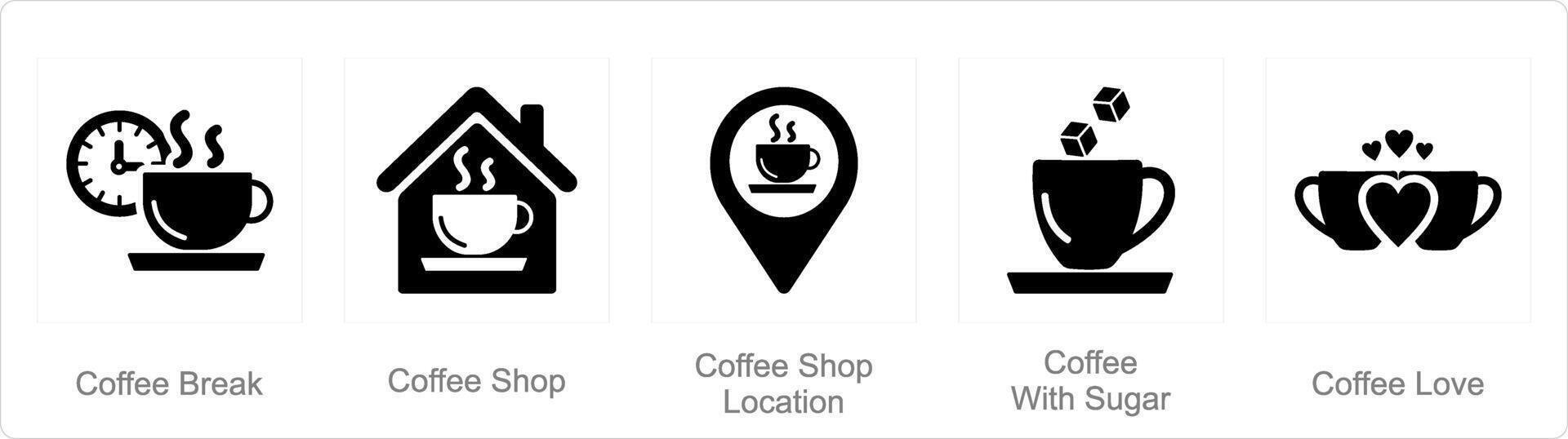A set of 5 Coffee icons as coffee break, coffee shop, coffee shop location vector