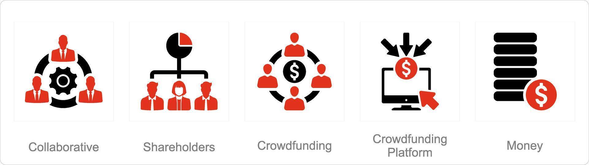 A set of 5 Crowdfunding icons as collabrative, shareholders, crowdfunding, crowdfunding platform vector