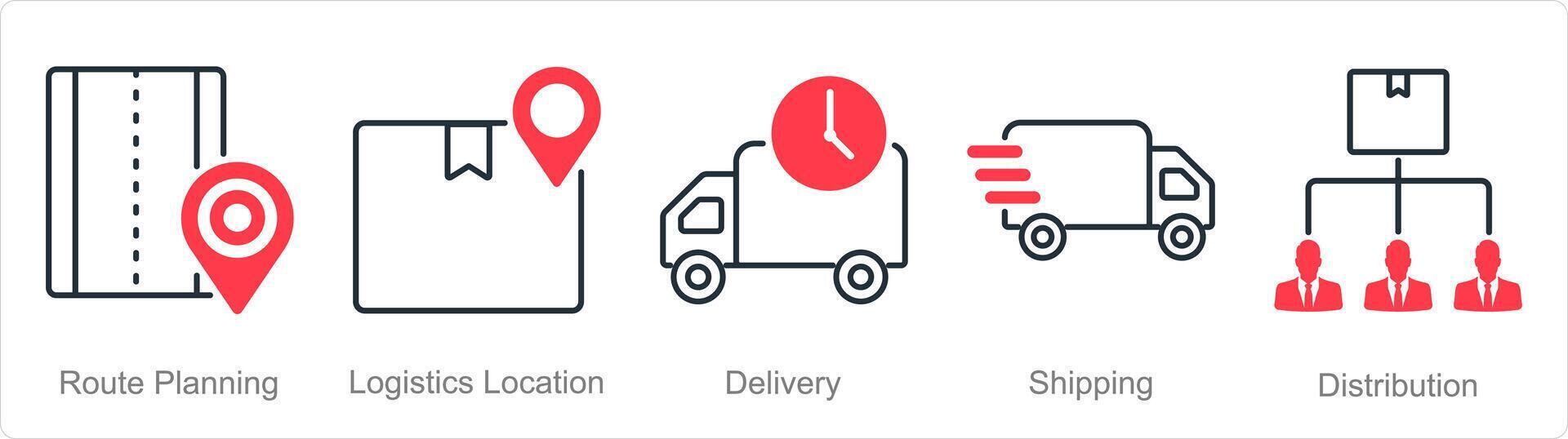 A set of 5 Logistics icons as route planning, logistics location, delivery vector