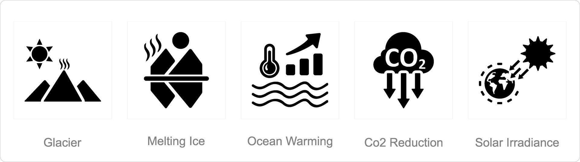 A set of 5 climate change icons as glacier, melting ice, ocean warming vector