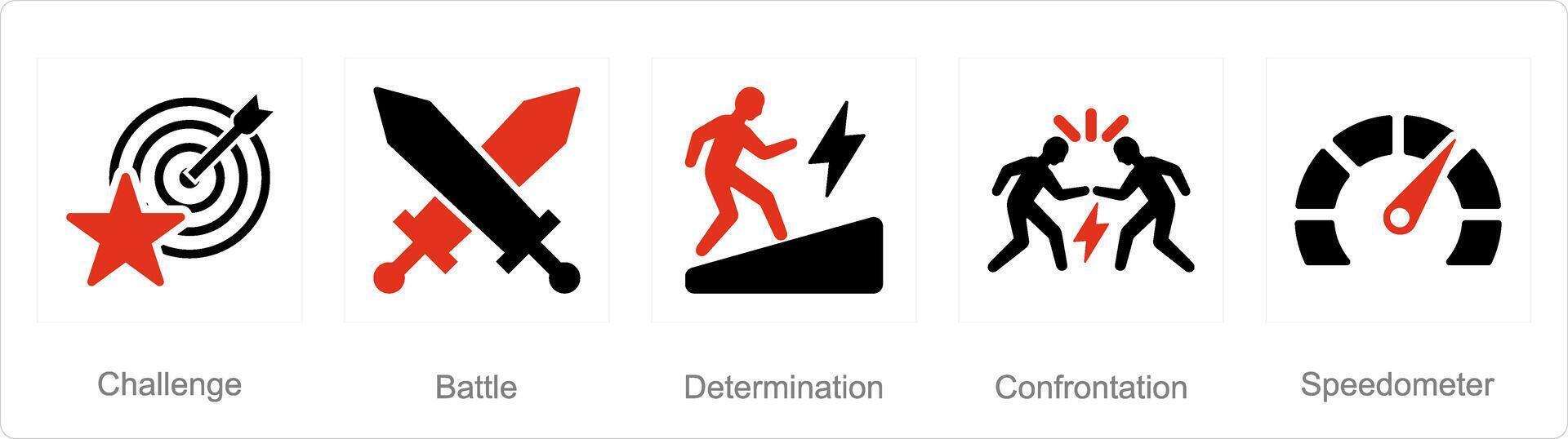 A set of 5 Challenge icons as challenge, battle, determination vector