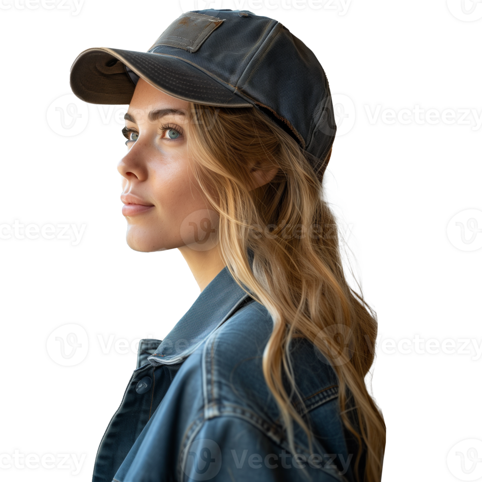 AI generated Young woman in denim with a baseball cap on transparent png