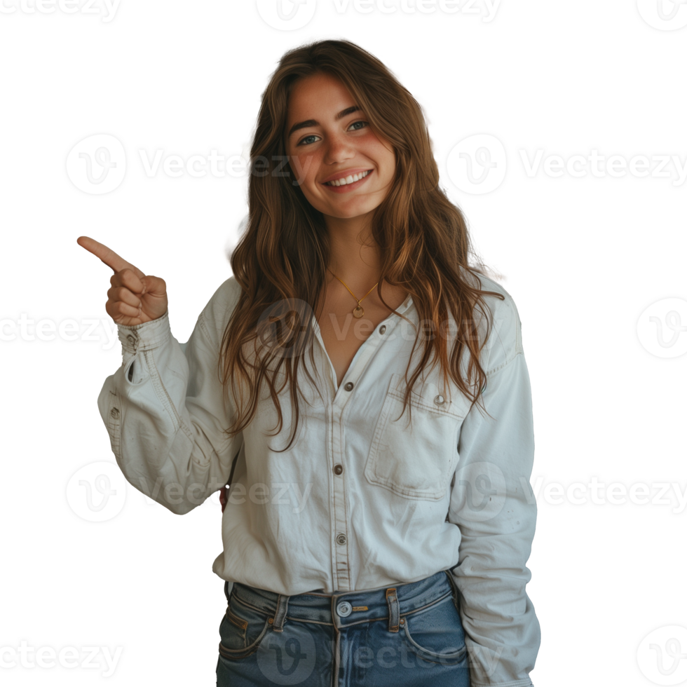 AI generated Smiling young woman pointing to the side on a transparent background png