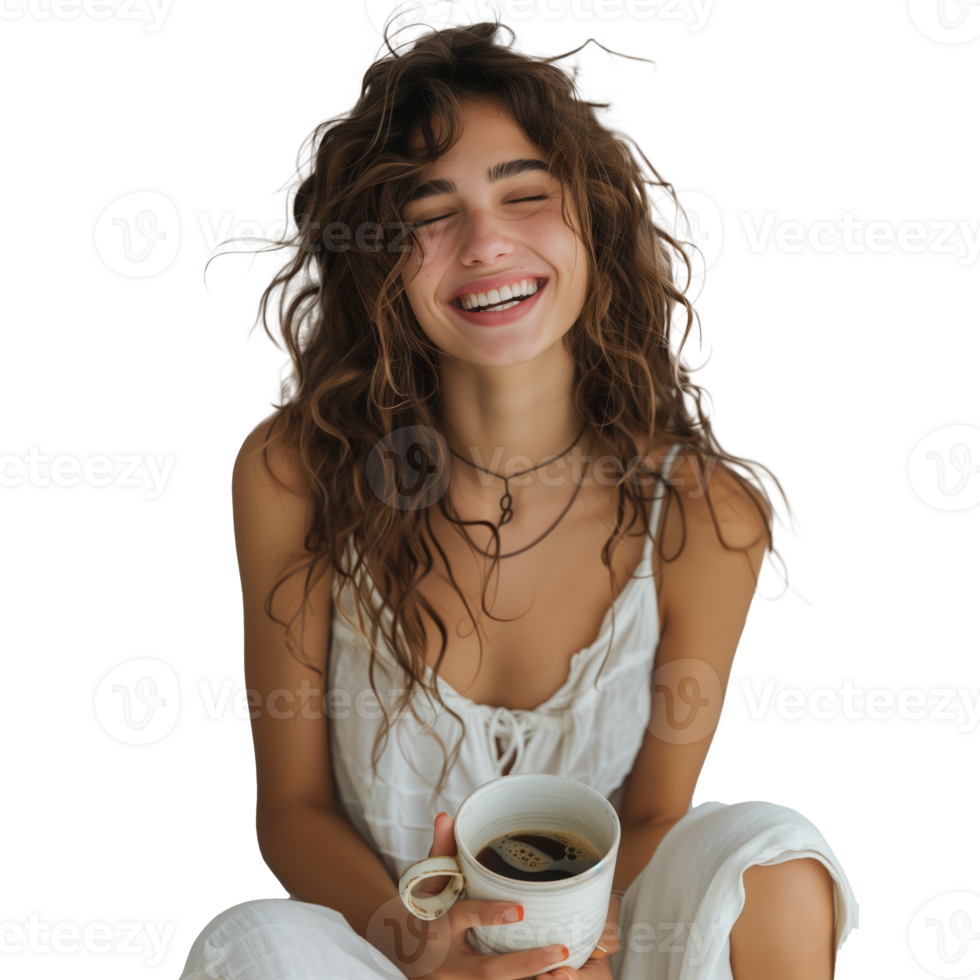 AI generated Happy young woman enjoying coffee with a smile png