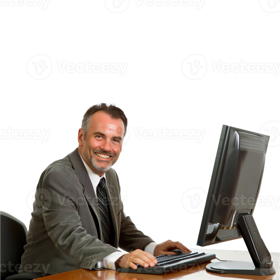 AI generated Smiling businessman at computer on transparent background png