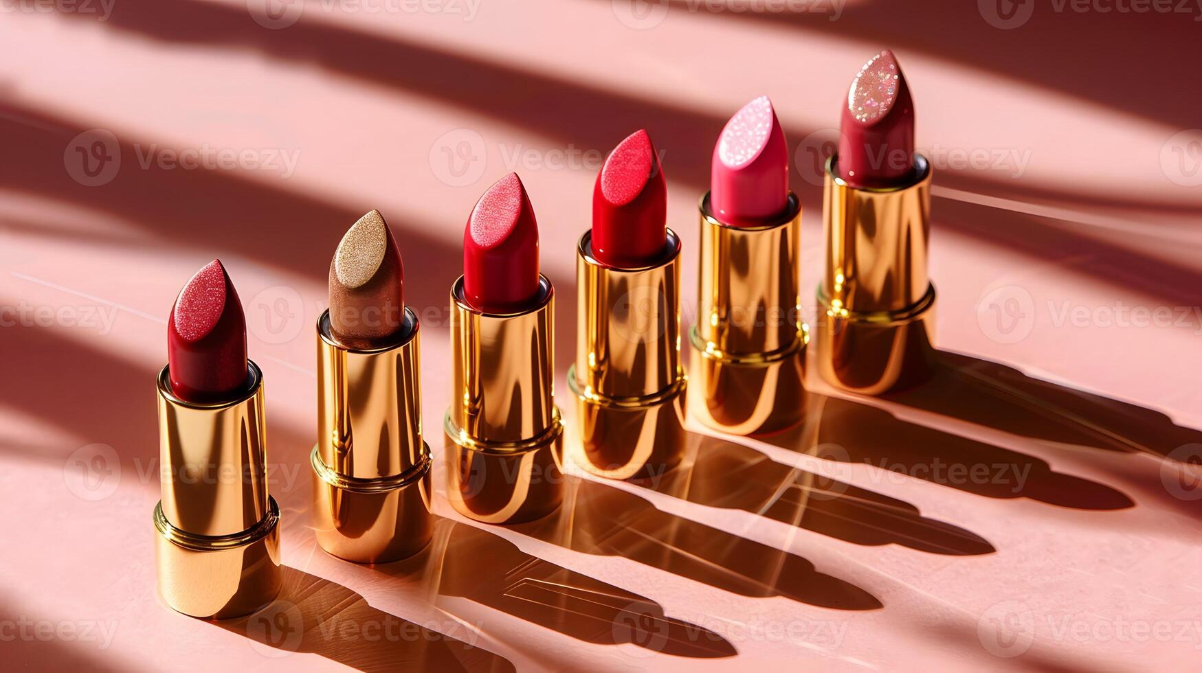 AI generated Luxury Assorted Lipsticks in Elegant Golden Cases on Pink Background photo