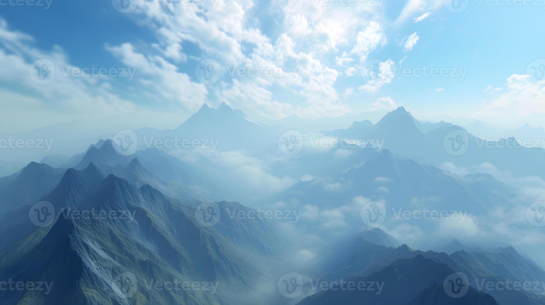 AI generated Misty Mountain Range with Dramatic Peaks and Morning Clouds photo