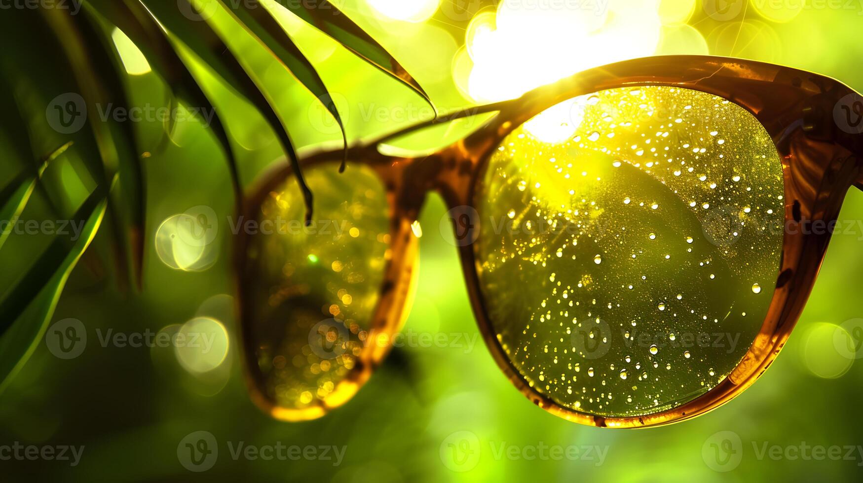 AI generated Tropical Summer Concept Sunglasses with Water Drops on Green Foliage Background photo