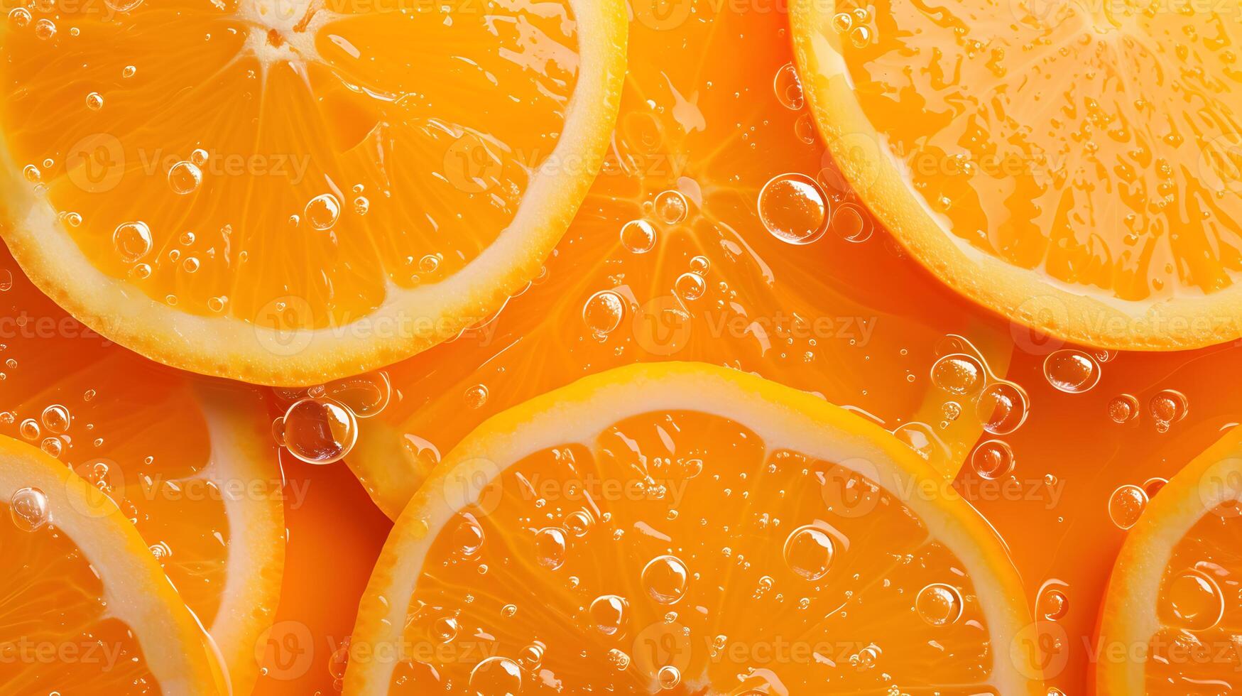 AI generated Sliced Oranges Submerged in Juice with Bubbles photo