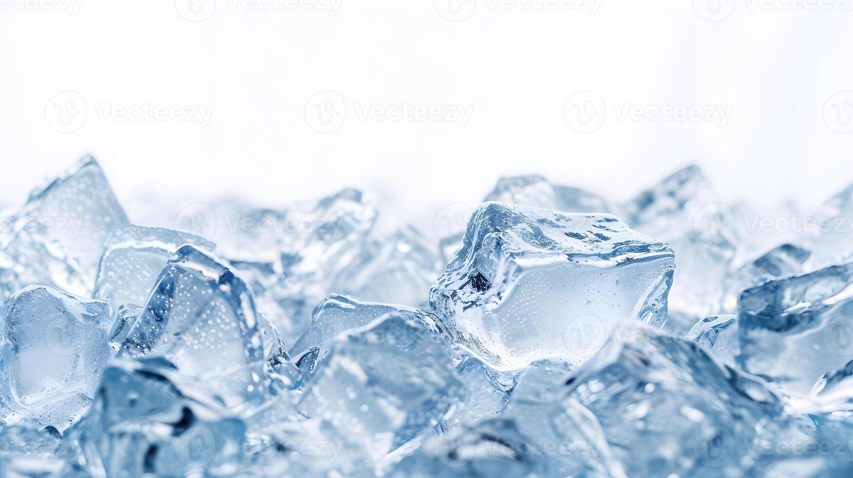 AI generated Crystal Clear Ice Cubes Piled Up with a Cool Blue Tint Background photo