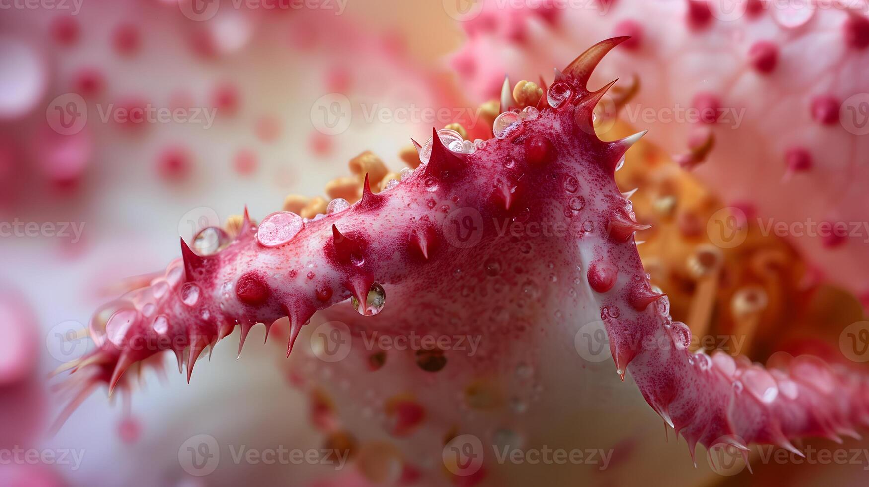 AI generated Abstract Macro View of Rose Thorns and Dew Drops with Soft Pink Background photo