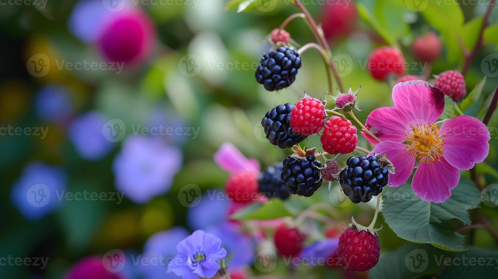 AI generated Ripe Blackberries and Raspberries with Flowers in Summer Garden Background photo