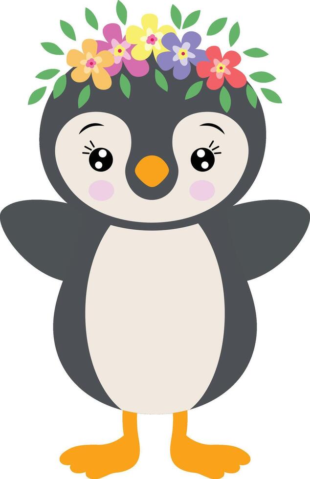 adorable pingüino con guirnalda floral en cabeza vector
