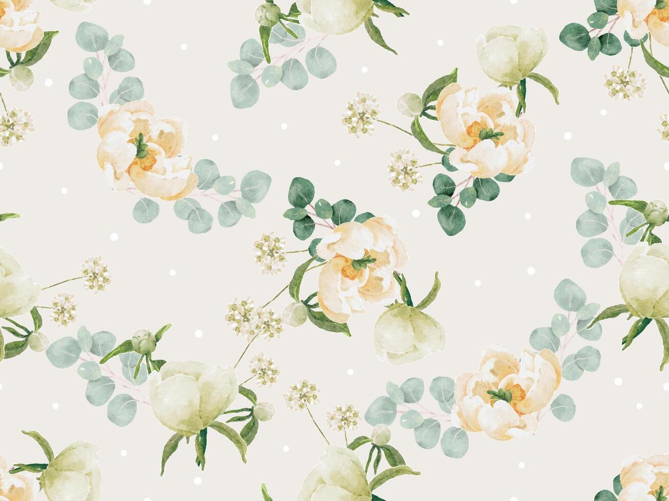 watercolor white peony and rose foliage flower bouquet background seamless pattern vector