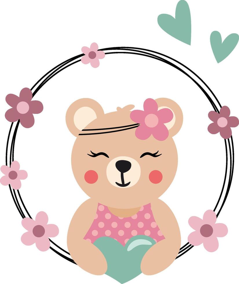 Friendly teddy bear peeking out of spring round frame vector