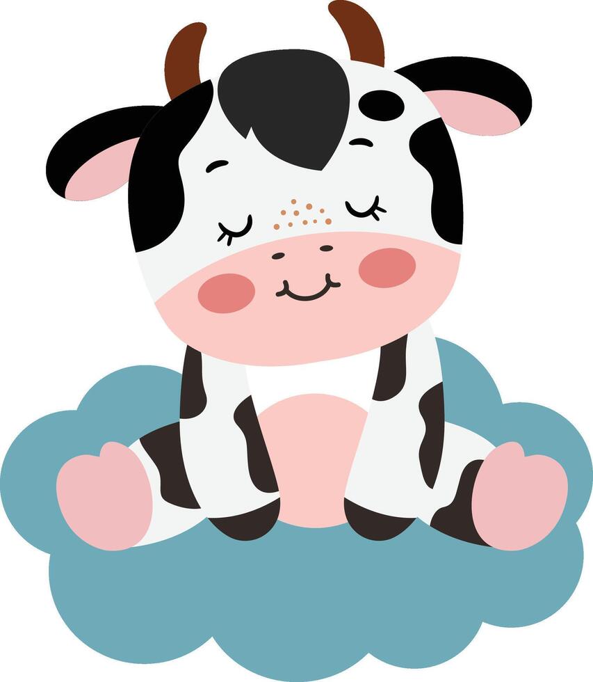 Cute cow sitting on blue cloud vector