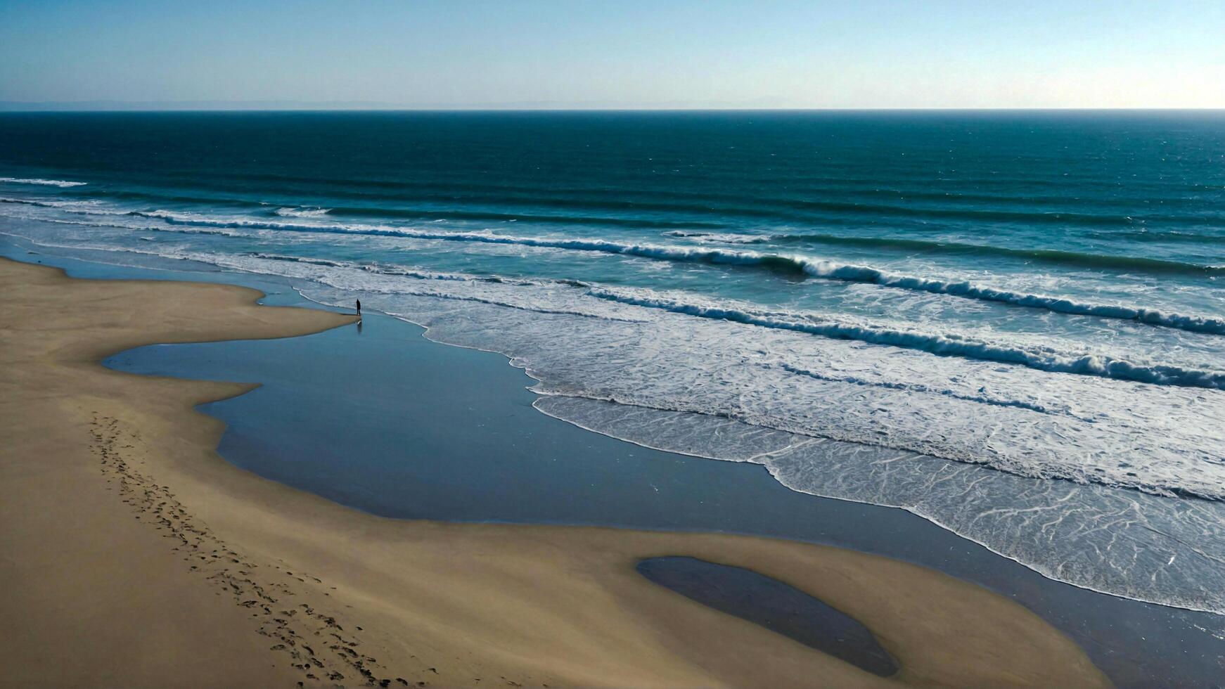 AI generated Peaceful Beach side Stroll under Vast Clear Skies with Soft Waves Caressing the Shore photo