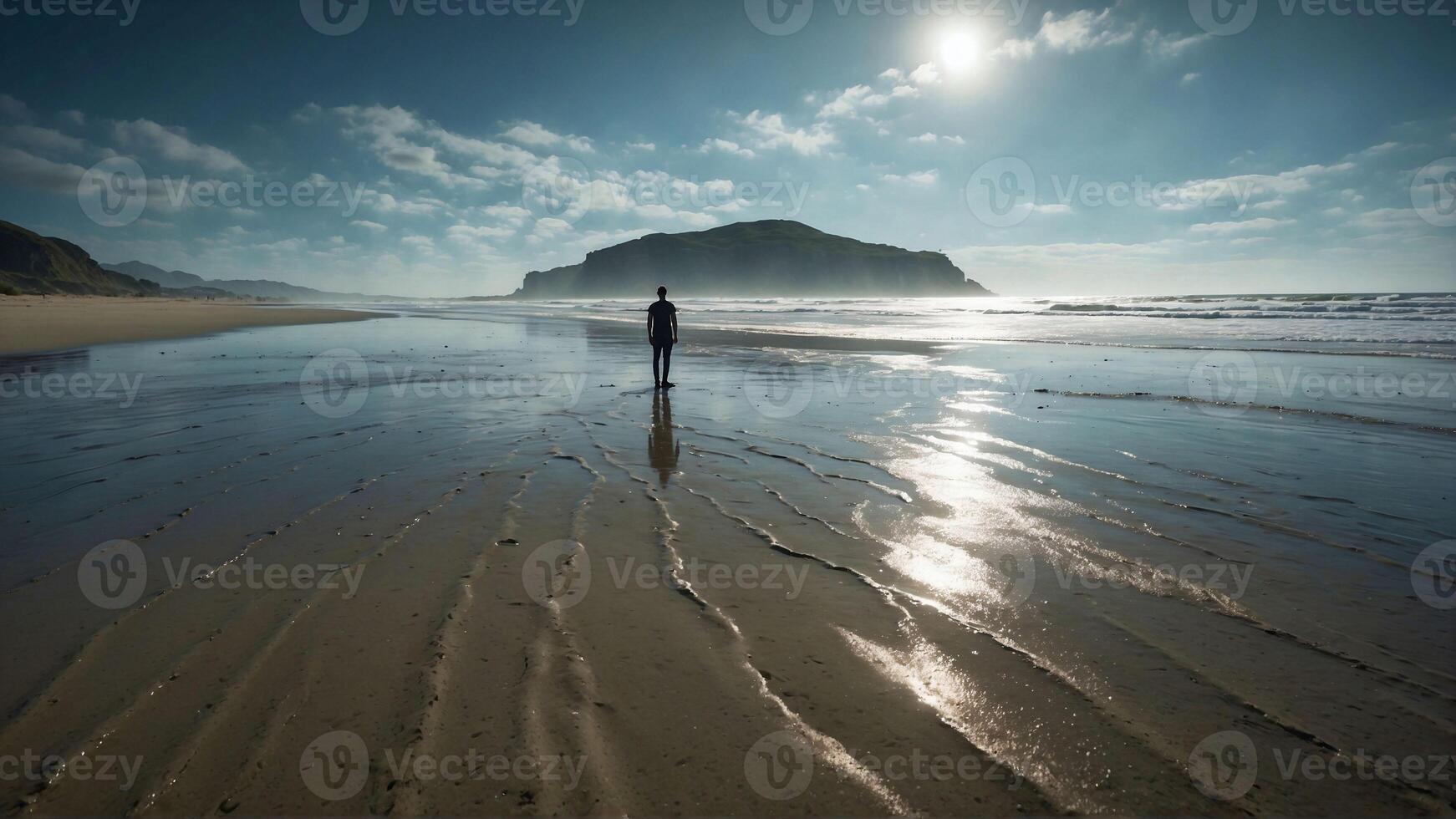 AI generated A Lone Figure Walks Along a Serene Beach with Sun Glistening on Wet Sand photo