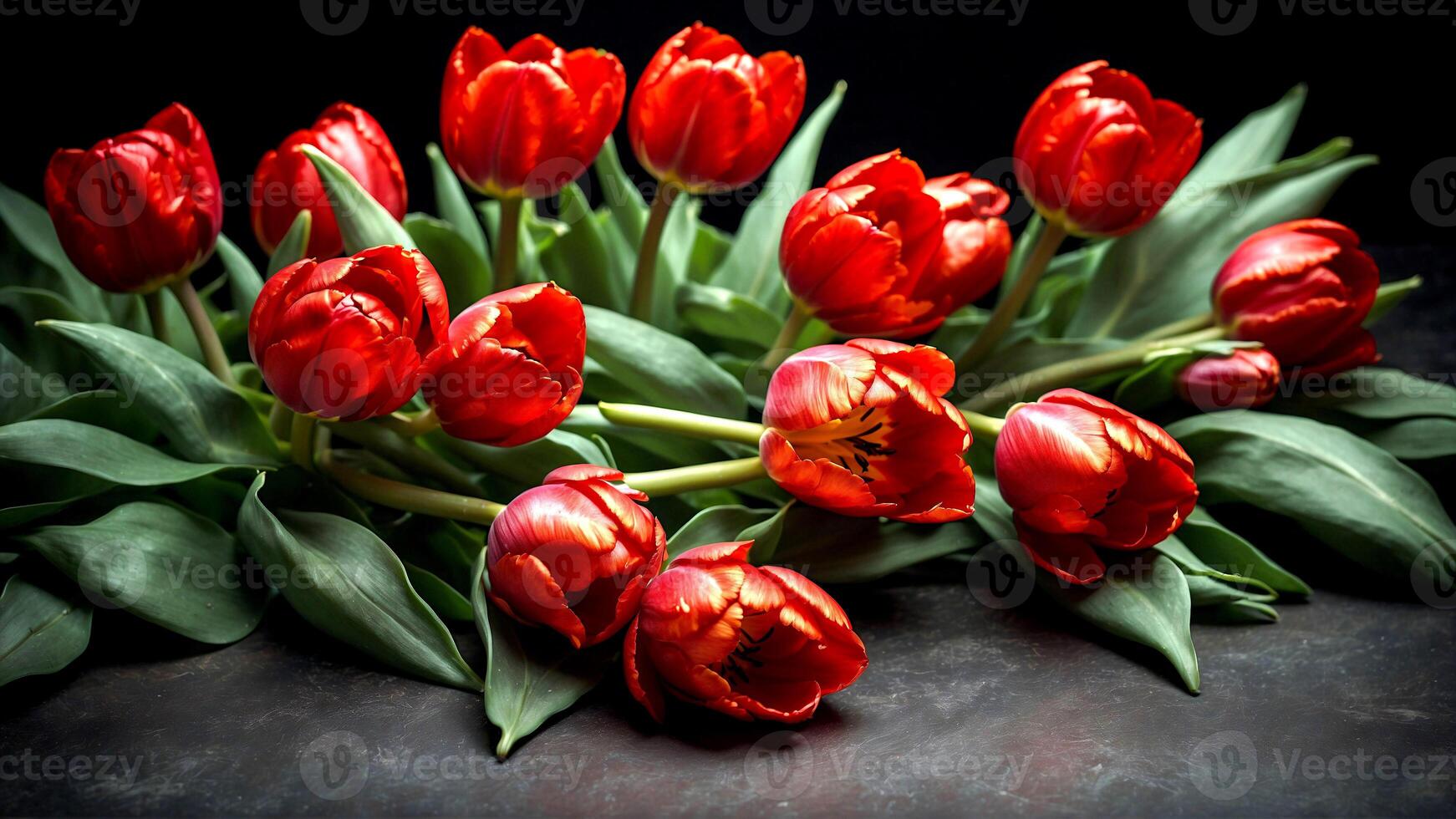 AI generated Luminous Red Tulips Standing Out Against a Shadowy Backdrop photo