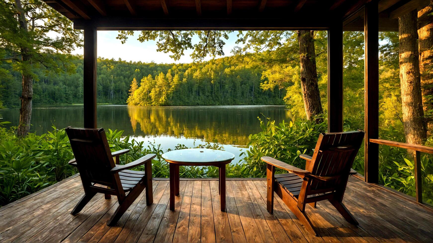 AI generated Serene Lakeside View with Wooden Deck and Seating, Calm Waters, Forest Reflection photo