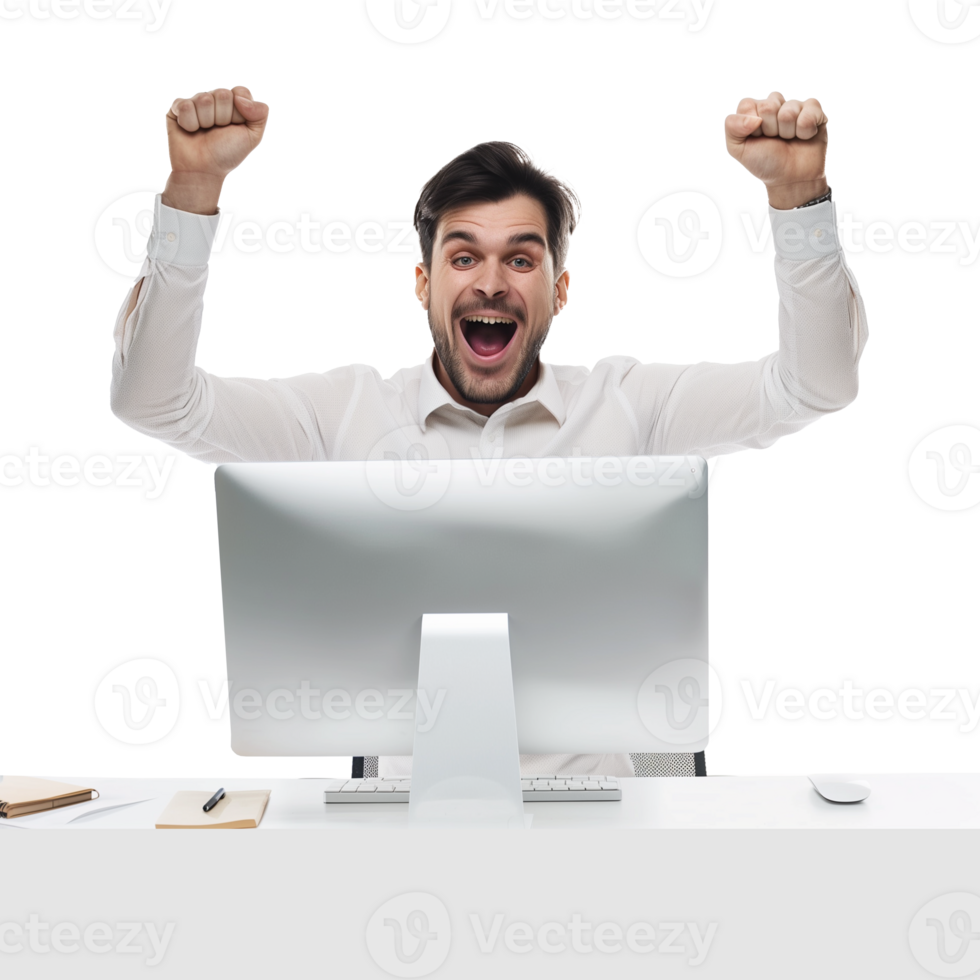 AI generated Excited businessman celebrating success at computer desk png