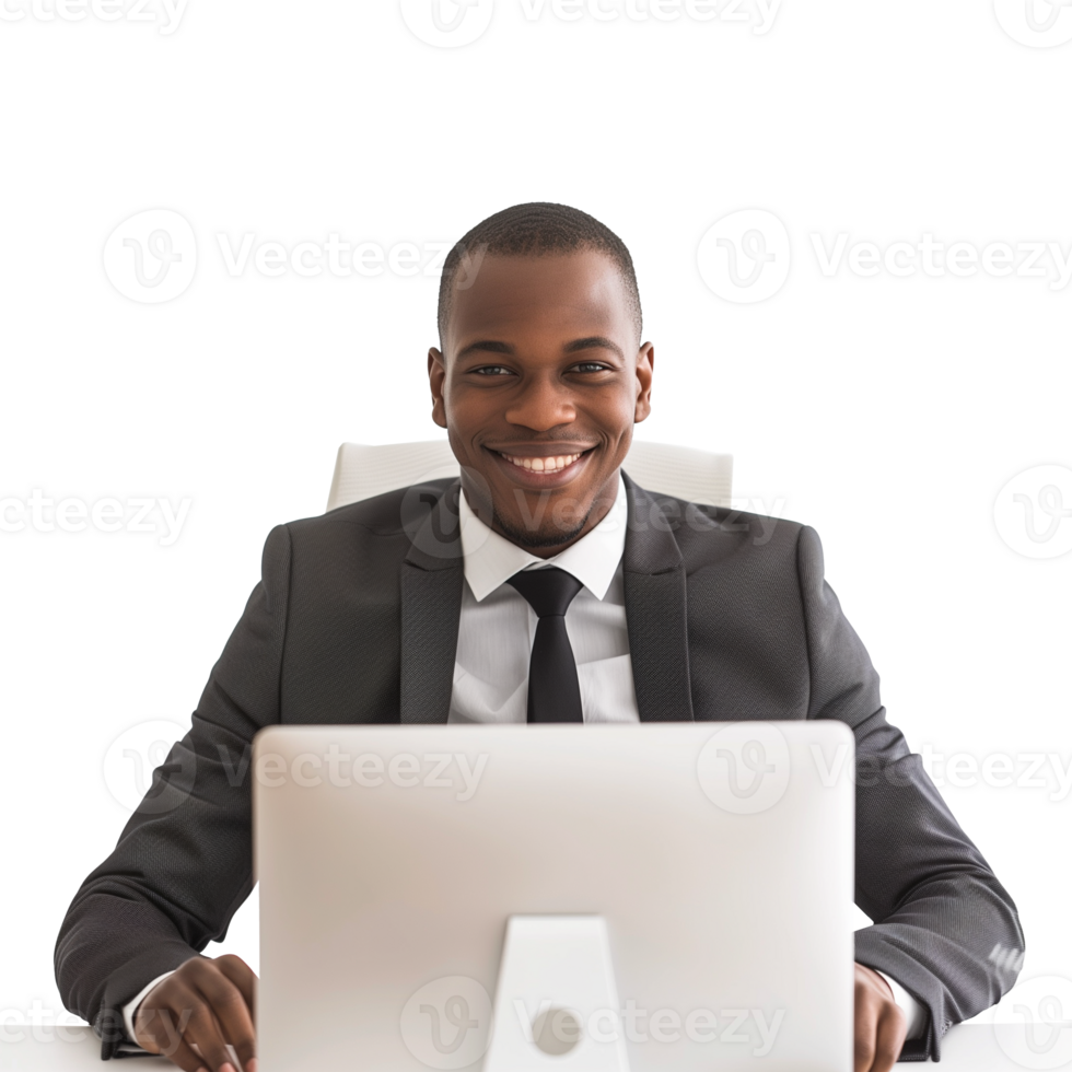 AI generated Professional businessman smiling behind computer with transparent background png
