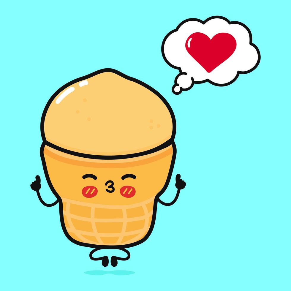 Ice cream doing yoga with speech bubble. Vector hand drawn cartoon kawaii character illustration icon. Isolated on blue background. Ice cream in love character concept