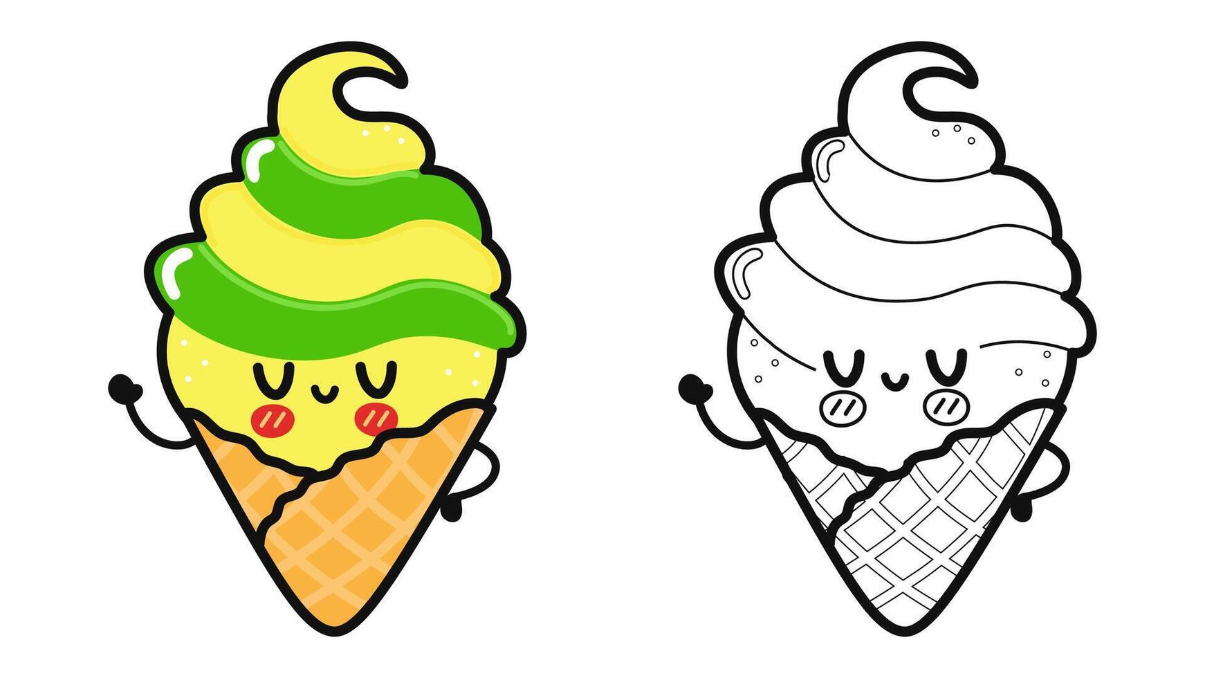 Funny cute happy Ice cream characters bundle set. Vector hand drawn cartoon kawaii character illustration icon. Cute Ice cream. Outline cartoon illustration for coloring book