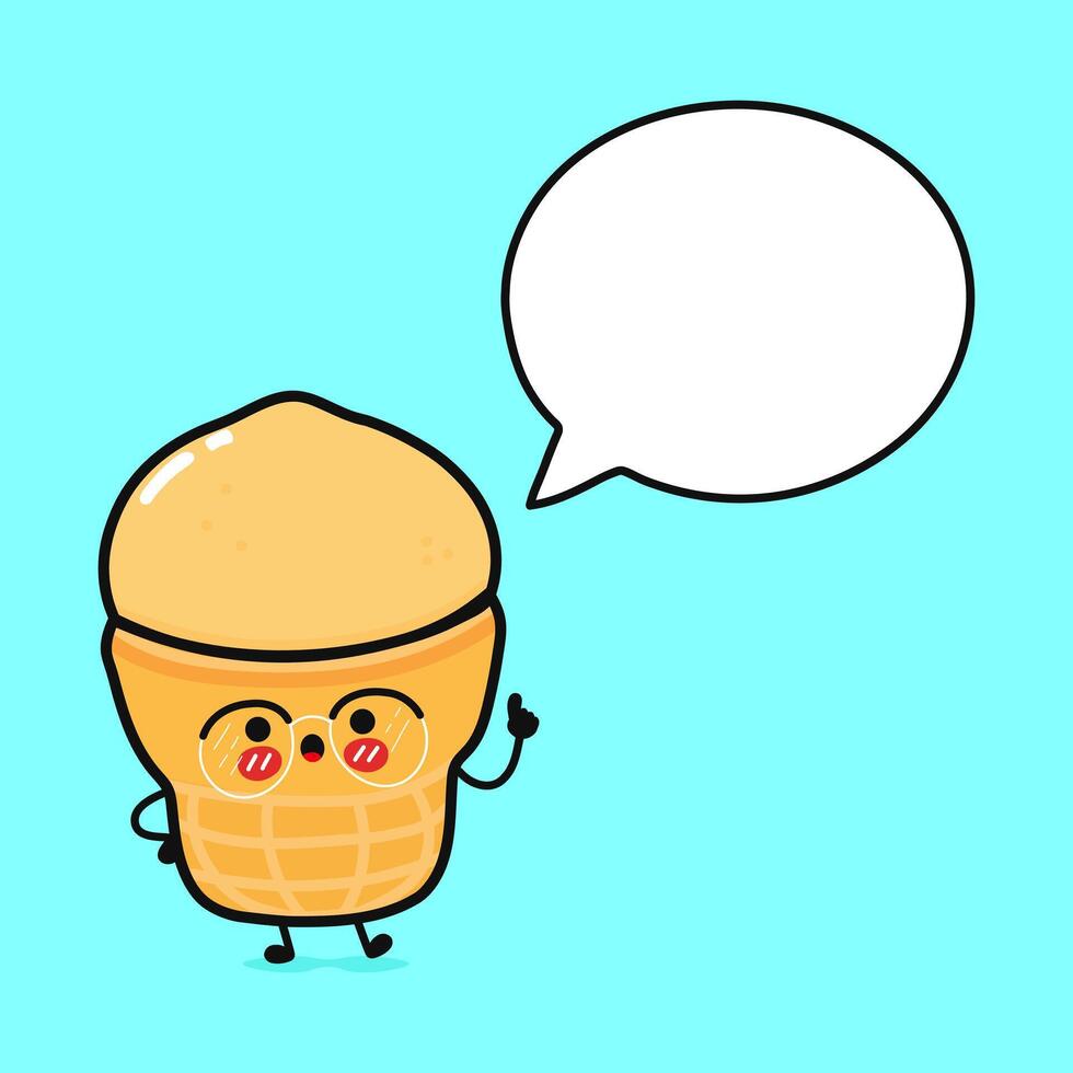 Ice cream with speech bubble. Vector hand drawn cartoon kawaii character illustration icon. Isolated on blue background. Ice cream character concept