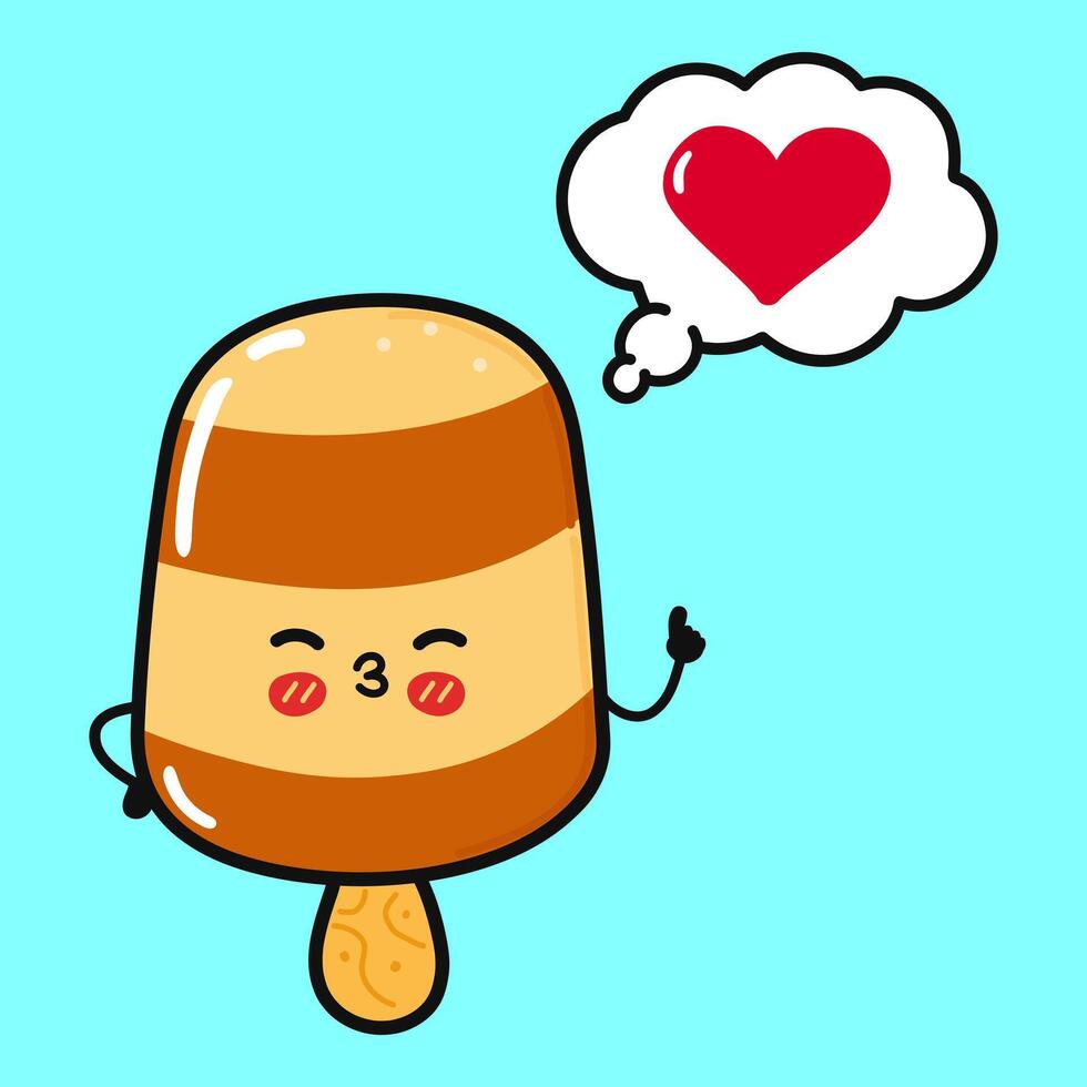 Ice cream doing yoga with speech bubble. Vector hand drawn cartoon kawaii character illustration icon. Isolated on blue background. Ice cream in love character concept