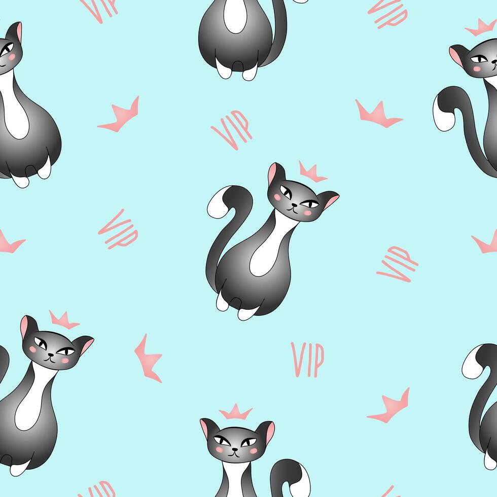 Seamless pattern with cute grey cat on blue background. Qween, princess cat, very important person. Vector illustration for children.